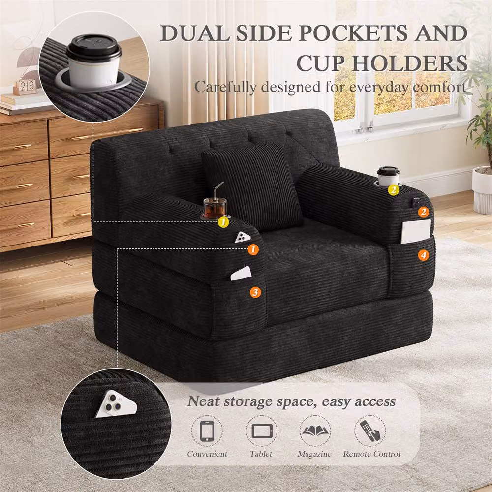 Direct Wicker Black Corduroy 1-Seater Sleeper Sofa Chair with Armrests – 3