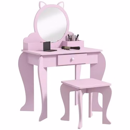 ZONEKIZ Kids Dressing Table with Mirror and Stool, Pink, W/D/H: 87.0 x 34.0 x 34.0 cm