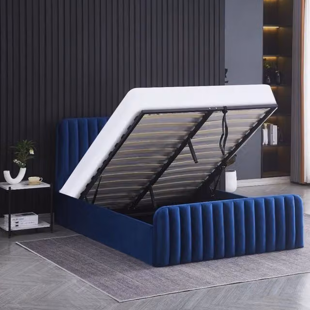Kosy Koala Blue Velvet Upholstered Ottoman Gas Lift Storage Bed with Mattress, W/D/H: 140 x 200 cm