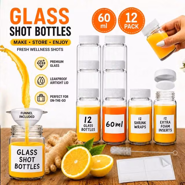 volila 12 Pack Clear Glass Juice Bottles for Health Shots with White Lids, 60ml