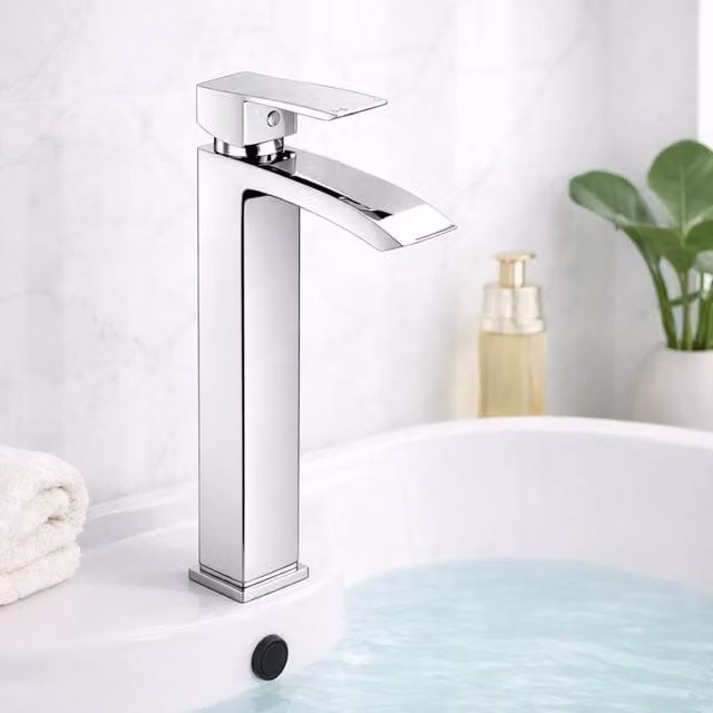 Bathroom Kingdom Descent Chrome High Rise Single Lever Basin Mixer Tap in Silver