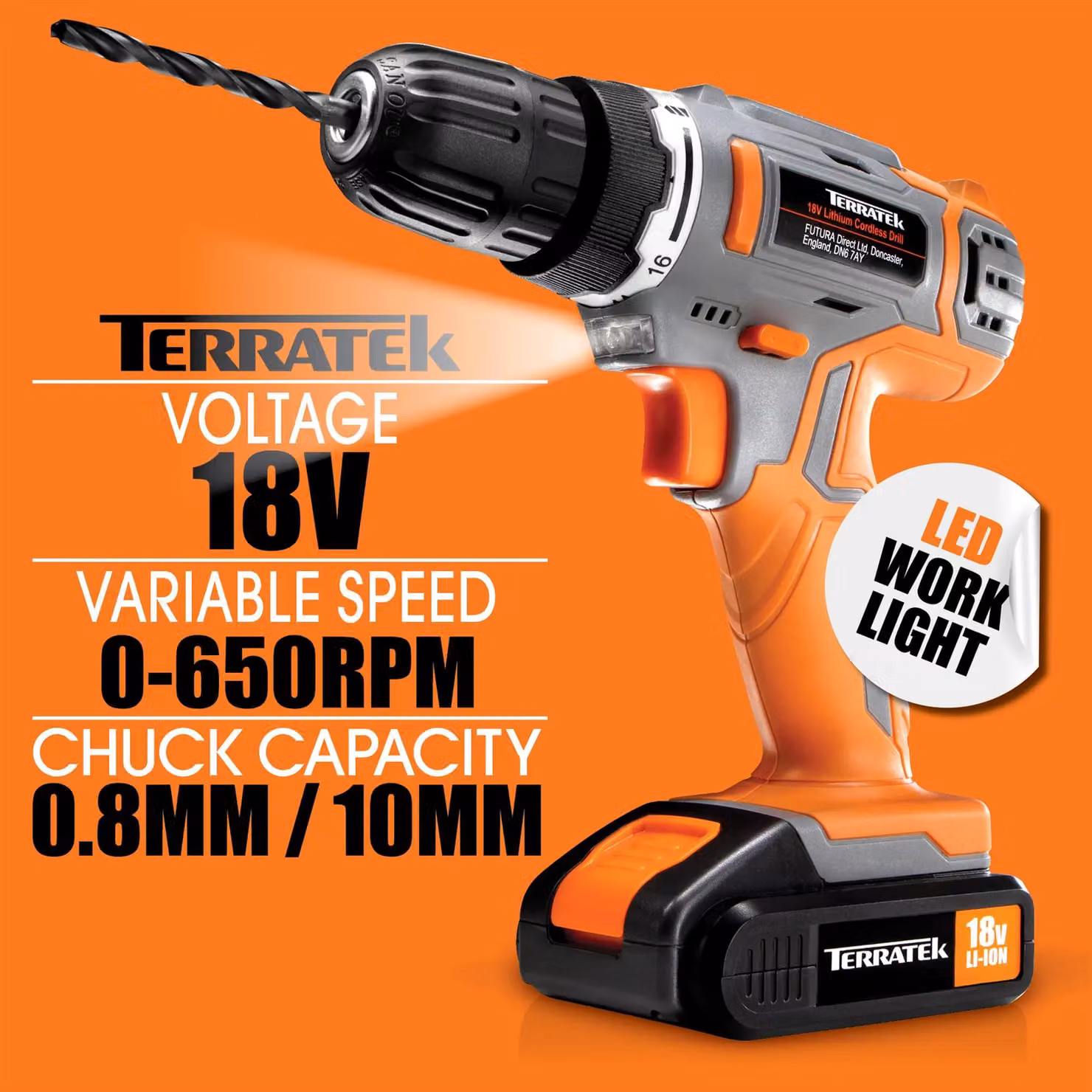Terratek 18V Cordless Drill and Drill Bit Set with Rechargeable Battery, Charger and Case in Orange – 5