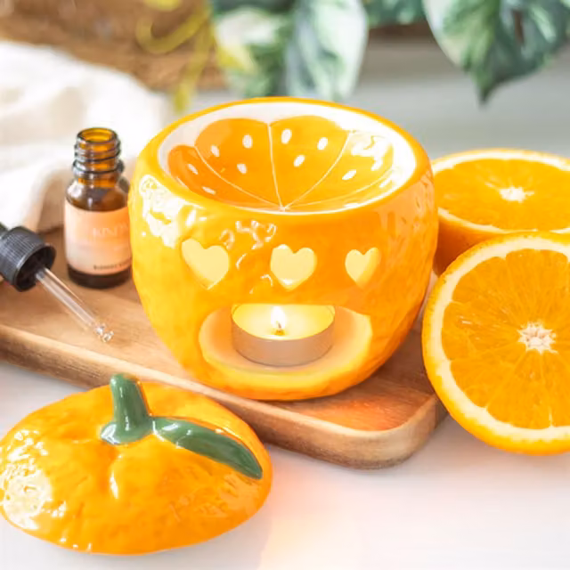 Gloriously Good Round Ceramic Orange Oil Burner and Wax Warmer for Tealights