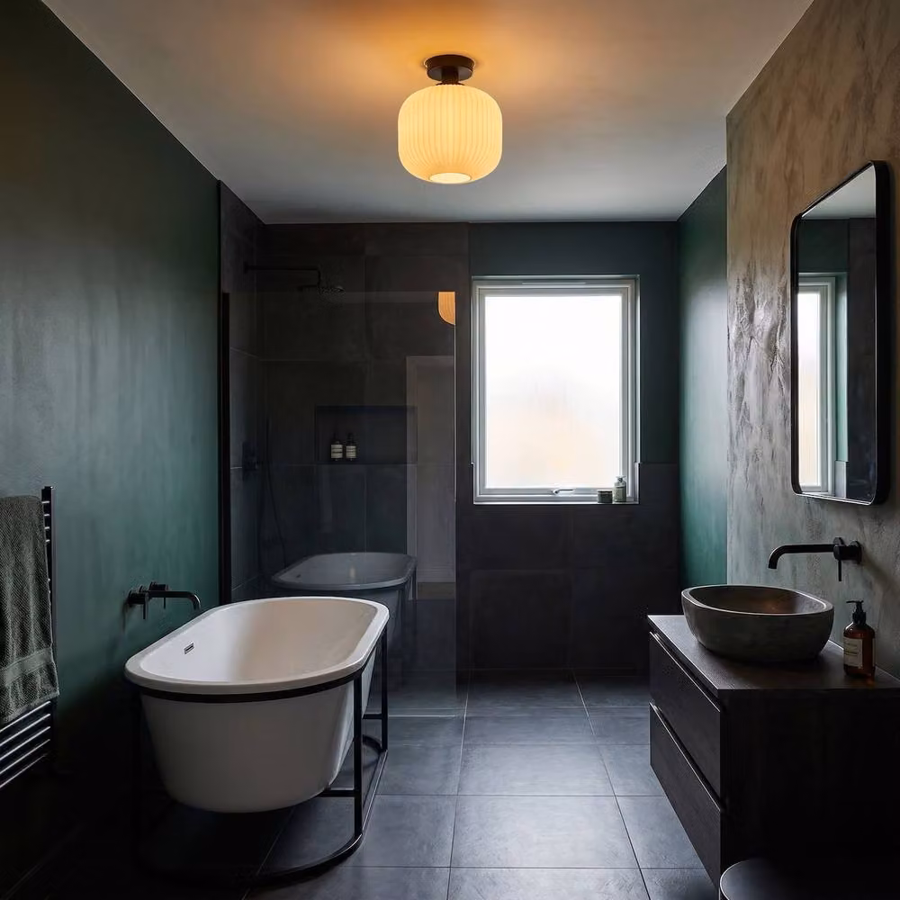 Happy Homewares Modern IP44 Black Bathroom Ceiling Light with White Opal Ribbed Glass Shade – 2