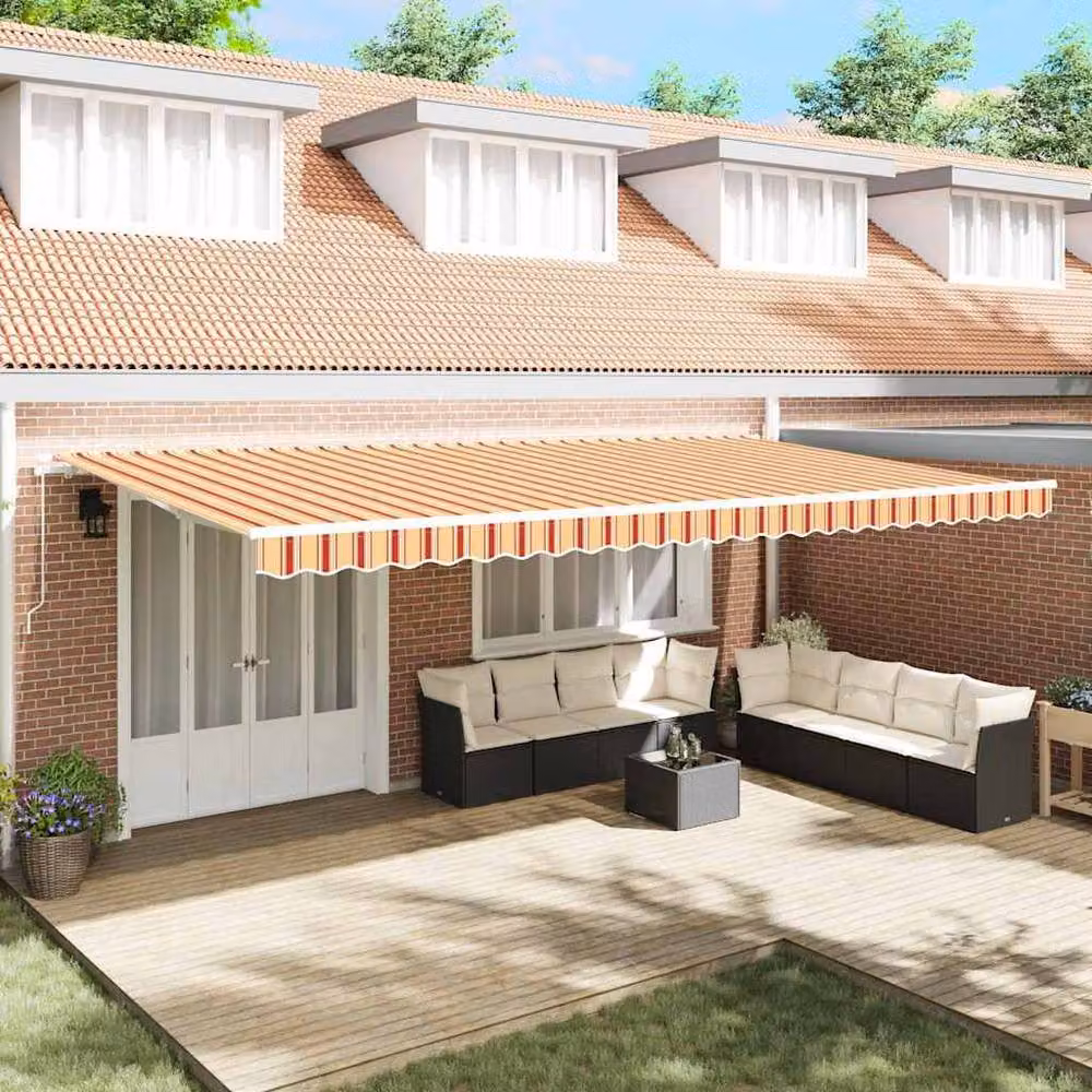 Berkfield Home Manual Retractable Folding Arm Awning in Yellow and Orange Striped Acrylic Fabric, W: 600 cm, D: 300 cm – 2