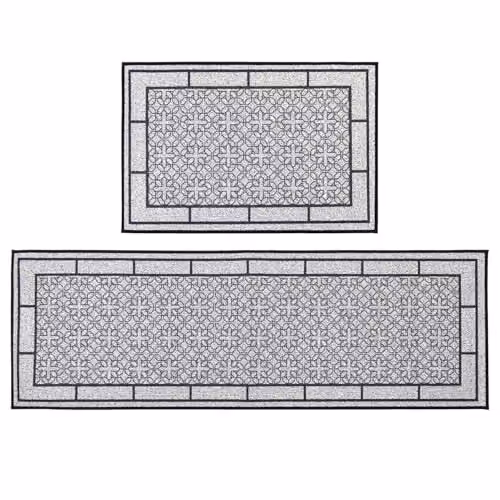 JVL Avanti Machine Washable Non-Slip Entrance Doormat and Runner Set in Grey and Black