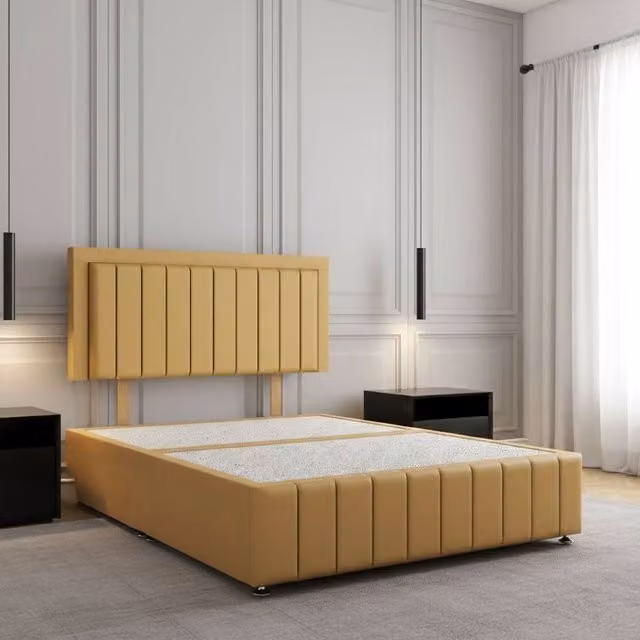 REGIONAL FURNISHINGS Double Divan Bed Base with 24 inch Headboard and Footboard in Yellow Velvet Fabric, W/D/H: 140 x 200 cm