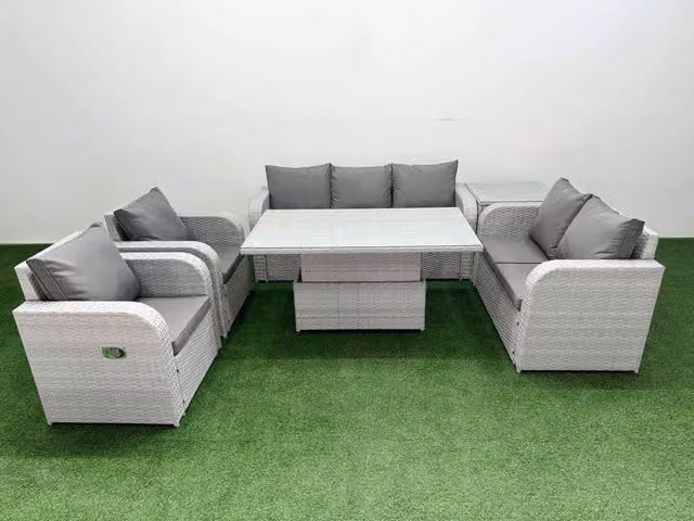 Fimous Grey PE Rattan Garden Furniture Set with 2 Seater Sofa, Reclining Chairs and Coffee Table