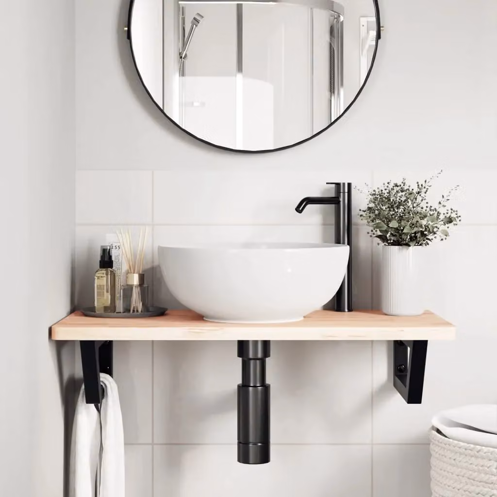 Berkfield Home Wall Mounted Basin Shelf in Brown Steel and Solid Beech Wood – 2