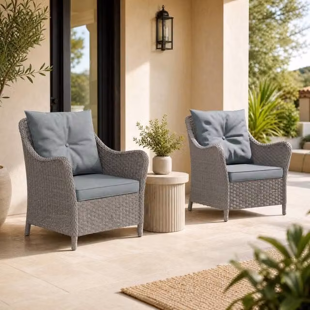 STILVORA Set of 2 Rattan Garden Armchairs with Grey Cushions