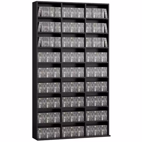 HOMCOM Modern Black Media Storage Unit with Adjustable Shelves and Media Compartments, H 175 x W 100 x D 33.6 cm