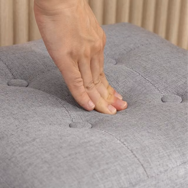 HOMCOM Square Fabric Ottoman Footstool with Side Pocket in Light Grey