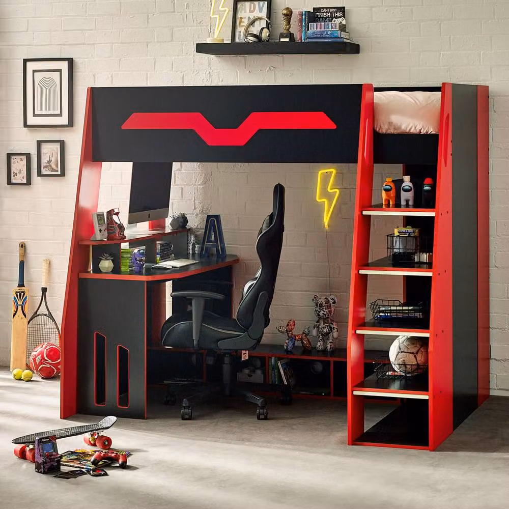 Cheshire Mahogany Single Gaming Highsleeper Bed in Black and Red, W/D/H: 90 x 200 cm – 3