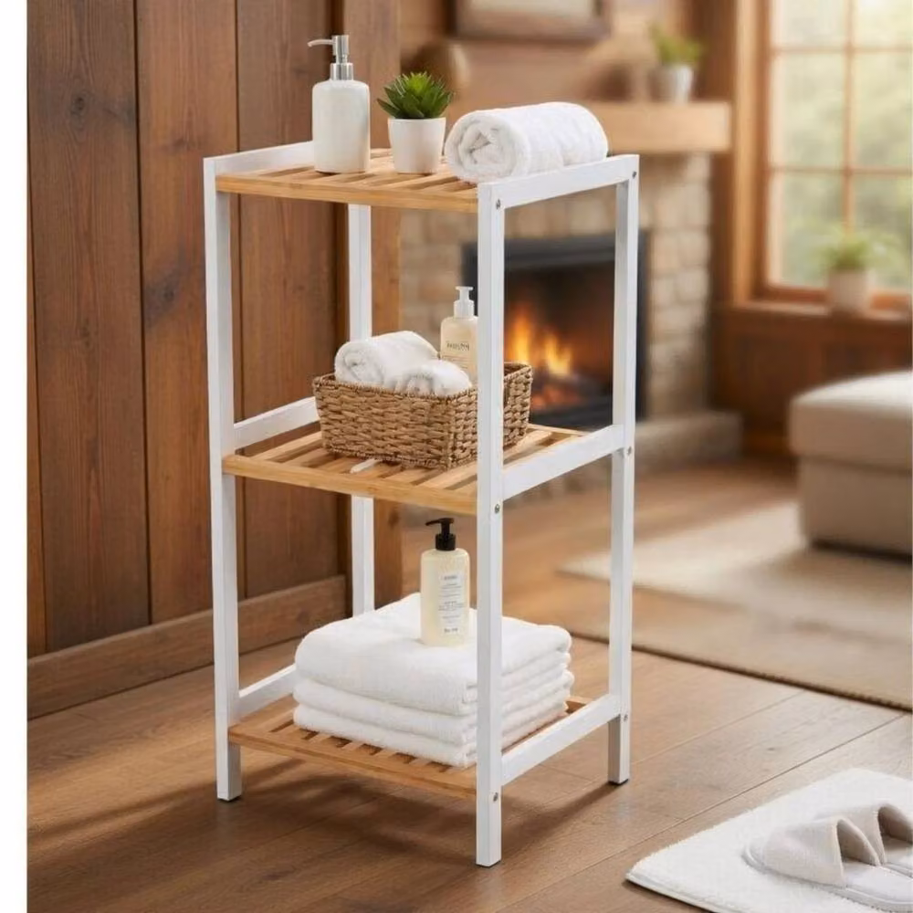 Kelvenix 3 Tier Slim Wooden Ladder Bathroom Shelf Storage in Brown and White – 3