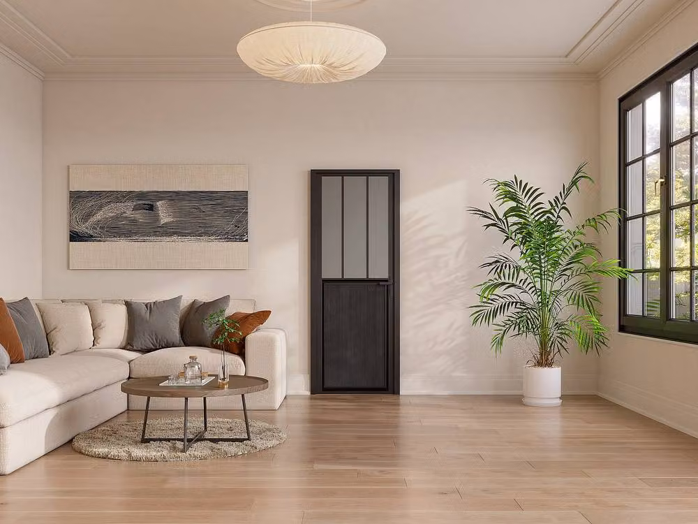 Vente-unique Reversible Industrial Swing Block Door in Black Aluminum and Frosted Tempered Glass – 2