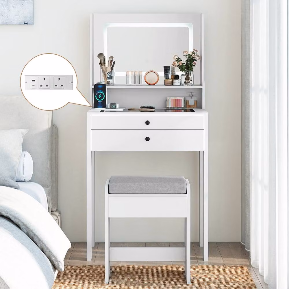 Costway Modern Dressing Table and Stool Set with Hollywood LED Lights and Charging Station in White – 2