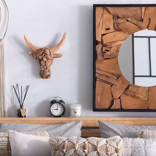 Wyld and Coco Handcrafted Teak Bull Head Wall Decor, Brown Rustic Southwest Style – 1