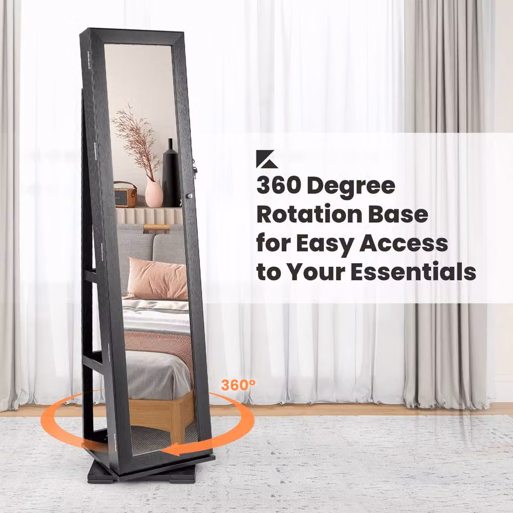 Gymax 3-in-1 Jewellery Mirror Cabinet in Black with 360 Degree Swivel and Lockable Hinged Doors – 5