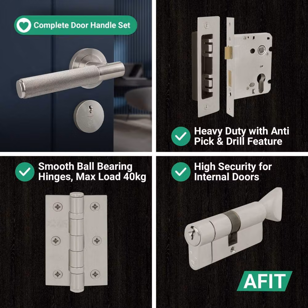 AFIT Satin Nickel Euro Lock Turn Cylinder Set and Door Handle in Silver, 150 x 150 mm – 6