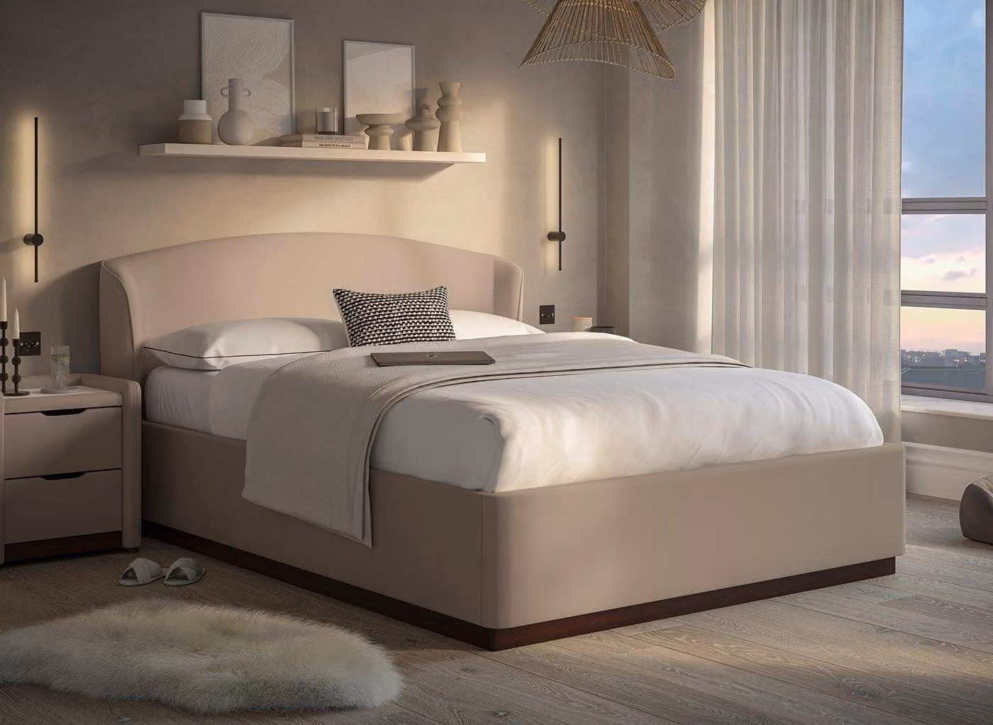 Dreams Chloe Upholstered Ottoman Bed Frame in Beige Bouclé Fabric with Walnut Mid-Century Accents