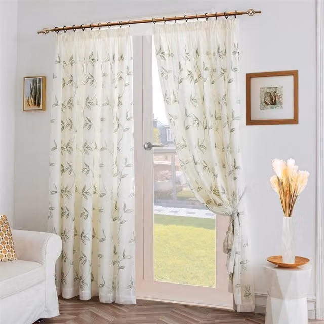 Livinluxury Leaf Embroidered Tulle Voile Pencil Pleat Curtains in Green and White, Height: 229 cm