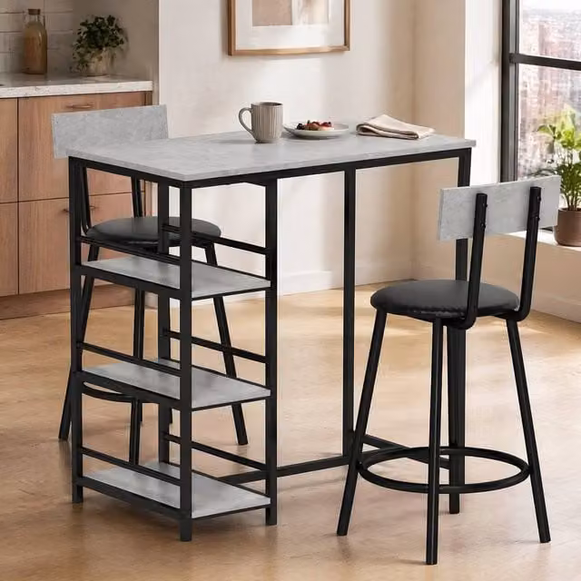 STILVORA Modern Rectangular Dining Set with 3 Chairs and Storage, Grey Wood and Metal Frame – 1