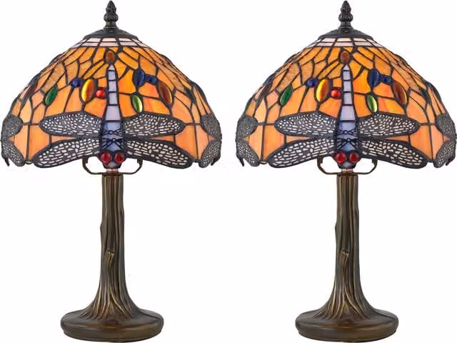 First Choice Lighting Set of 2 Chaplin Table Lamps with Multicolour Tiffany Decorated Glass Shades and Antique Brass Plate