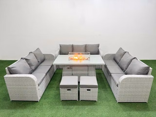 Fimous 11 Seater PE Rattan Outdoor Garden Furniture Set in Light Grey with Firepit Dining Table, 3 Seater Sofa and 2 Stools