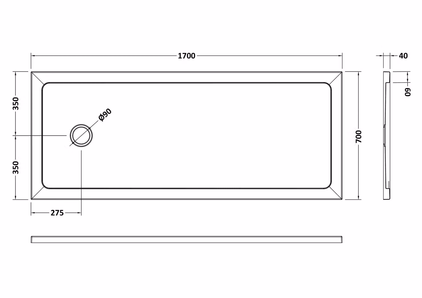 Balterley Rectangular Resin Mineral Cast Replacement Bath Shower Tray in Grey, W: 170 cm, D: 70 cm – 5