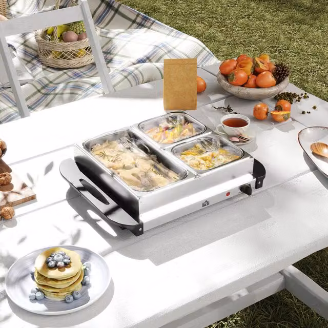 HOMCOM 6L Electric Food Warmer Buffet Server with Glass Lids and Adjustable Temperature in Silver