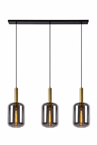 Lucide Joanet Modern Suspended Pendant Light in Grey and Gold/Brass with Glass Cylinders, 3 x E27, Height Adjustable