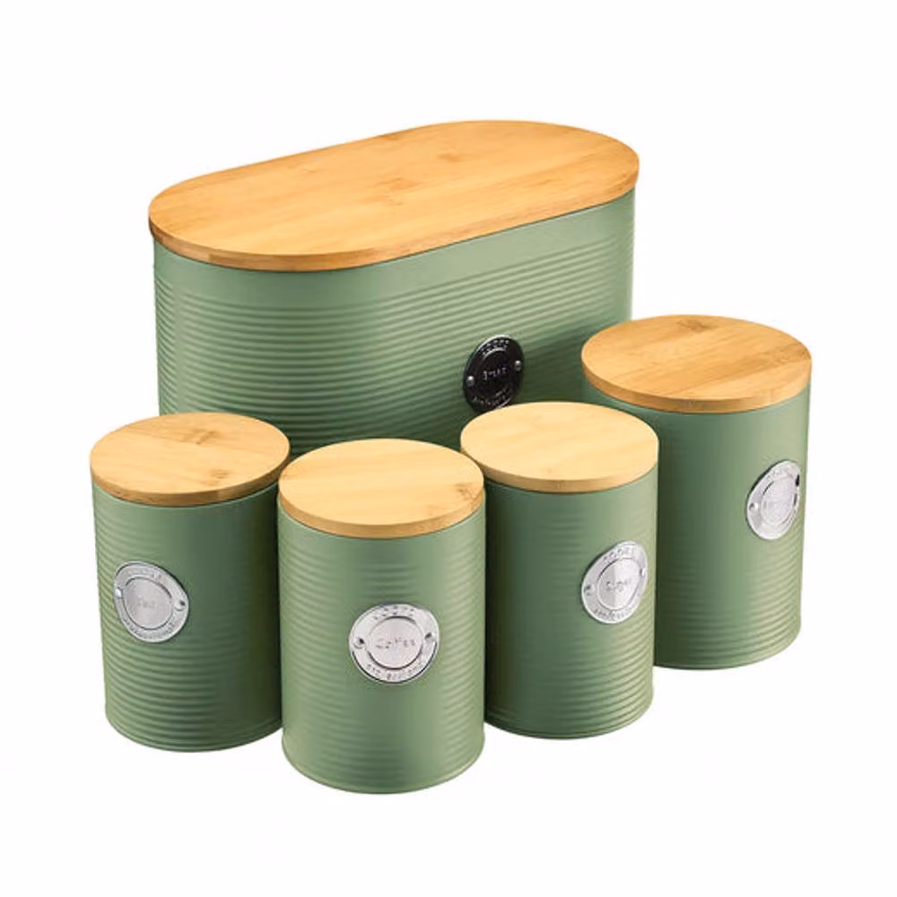 Cooks Professional 5 Piece Ribbed Tea Coffee Sugar Bread and Biscuit Airtight Cannister Set with Bamboo Lids in Green and Silver – 2