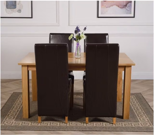 Thats Furniture Oslo Rectangular Oak Dining Table and 4 Lola Leather Chairs in Brown, W: 150 cm, D: 90 cm