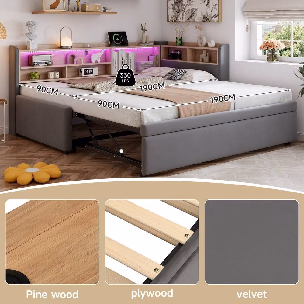 Rolipo Grey Velvet Upholstered Single Daybed with Trundle, Storage, LED Lights and USB Charging Port, W/D/H: 90 x 190 cm – 4