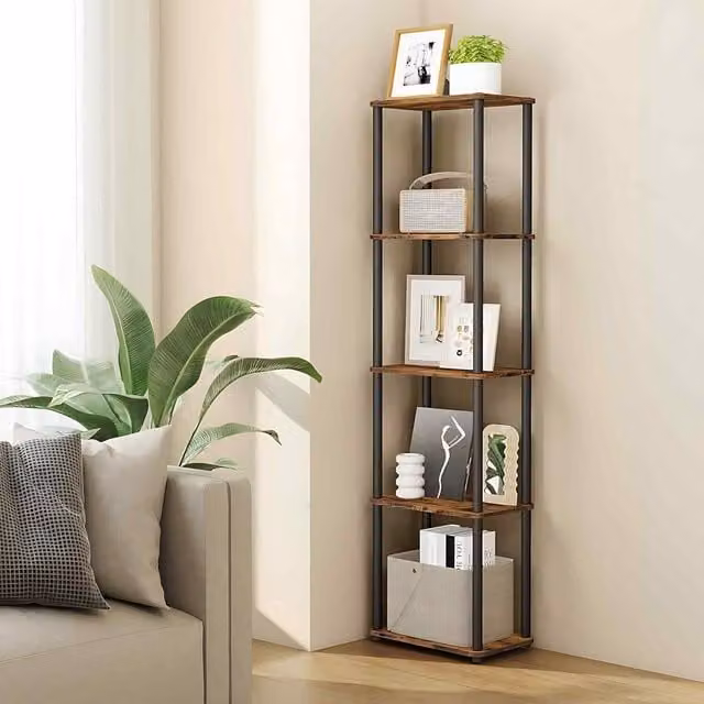 The Bazaarist 5 Tier Tool Free Assembly Storage Shelf in Rustic Brown and Ink Black
