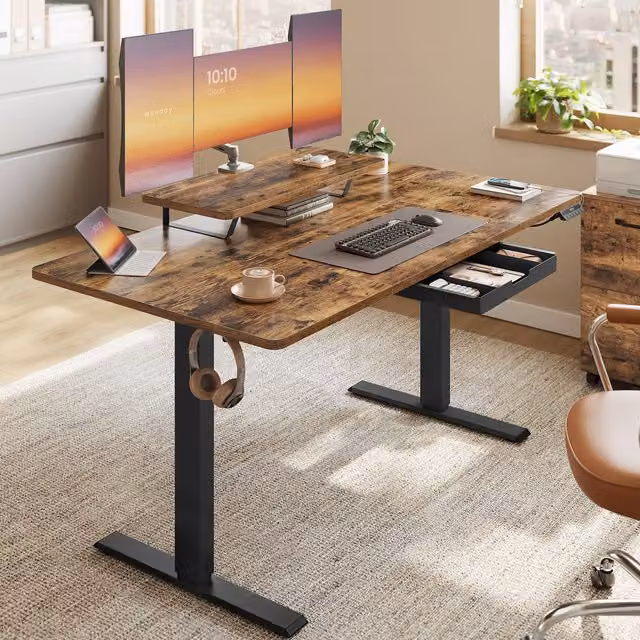 VASAGLE Electric Height Adjustable Standing Desk in Brown, W: 140 cm, D: 70 cm