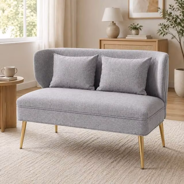 STILVORA 2 Seater Grey Fabric Wing-Back Sofa with Metal Legs and Scatter Cushions