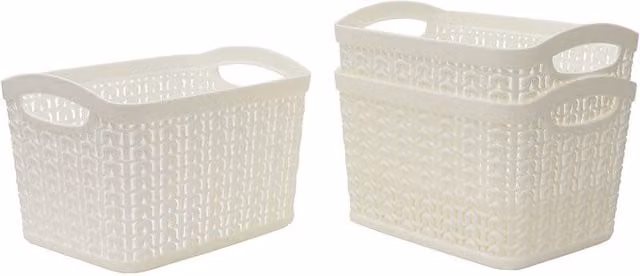 JVL Loop Set of 3 Open Weave Plastic Storage Baskets, 1.5 l, White or Beige