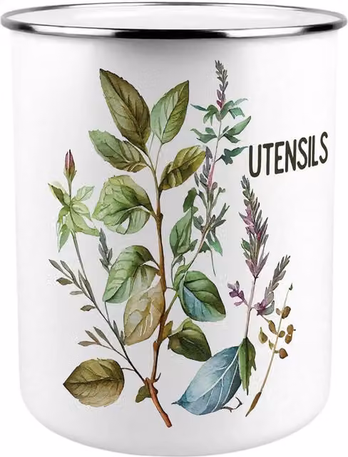 Purely Home Watercolour Herbs Kitchen Utensil Holder in Green and White