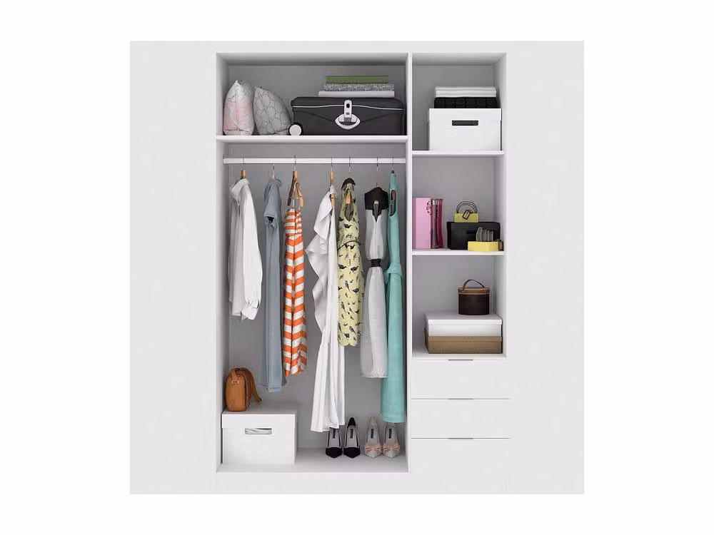 Vente-unique White Corner Wardrobe with 3 Doors and 3 Drawers, W: 121 cm, H: 184 cm, D: 52 cm – 2