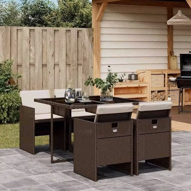 Berkfield Home 5 Piece Brown Poly Rattan Garden Dining Set with Cushions and Glass Top