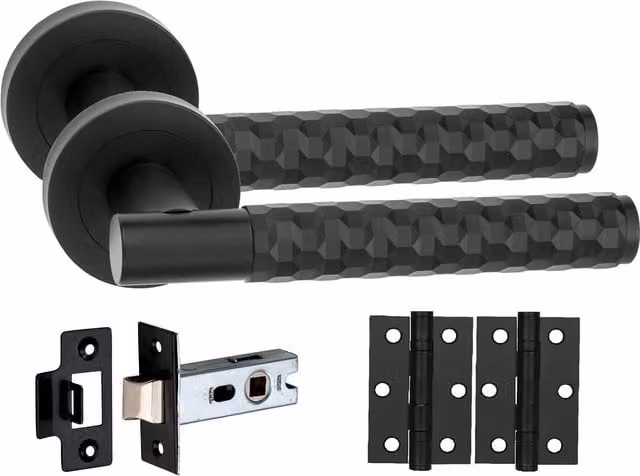 Golden Grace Matt Black Knurled Hex Cut T-Bar Door Handle Set with Latch and Ball Bearing Hinges, 6 Pack