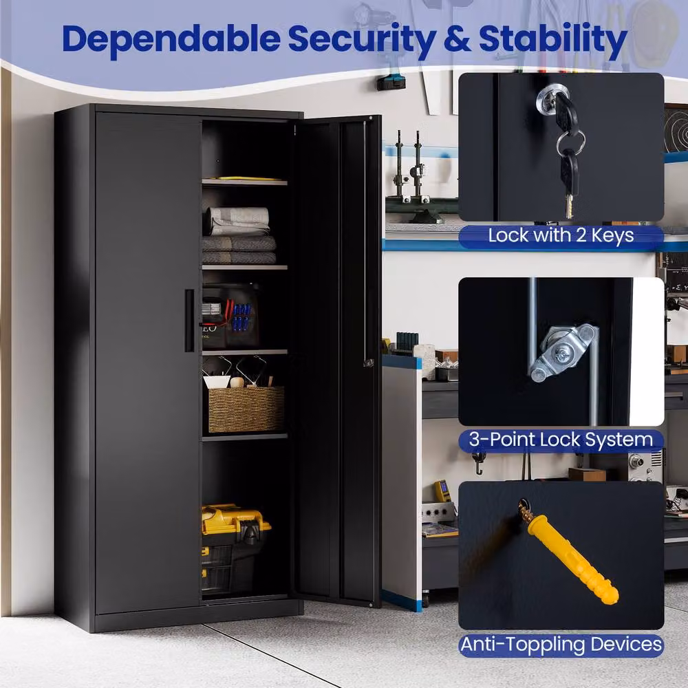 Gymax Lockable 2-Door Steel Tool Cabinet and Pantry in Black, W/D/H: 80 x 40 x 180 cm – 4