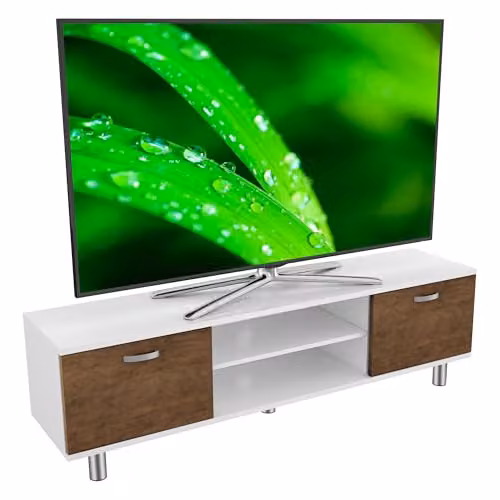 AVF Modern Rectangular Wood TV Floor Stand in White and Brown, suitable for up to 65 inch screens and 50kg, featuring open and closed storage with cable management, Height: 150 cm – 2