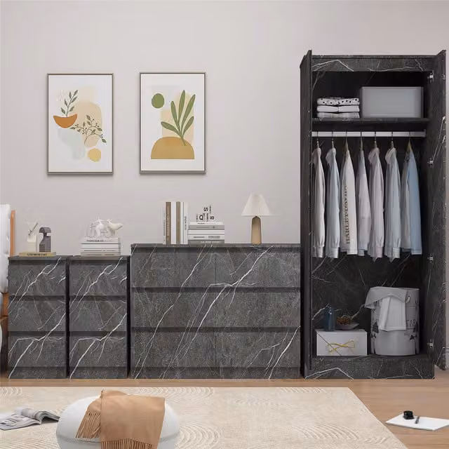 ZITA 4 Piece Bedroom Furniture Set in White and Grey Marble Effect featuring 2 Door Wardrobe, Wide Chest and 2x 3 Drawer Bedsides