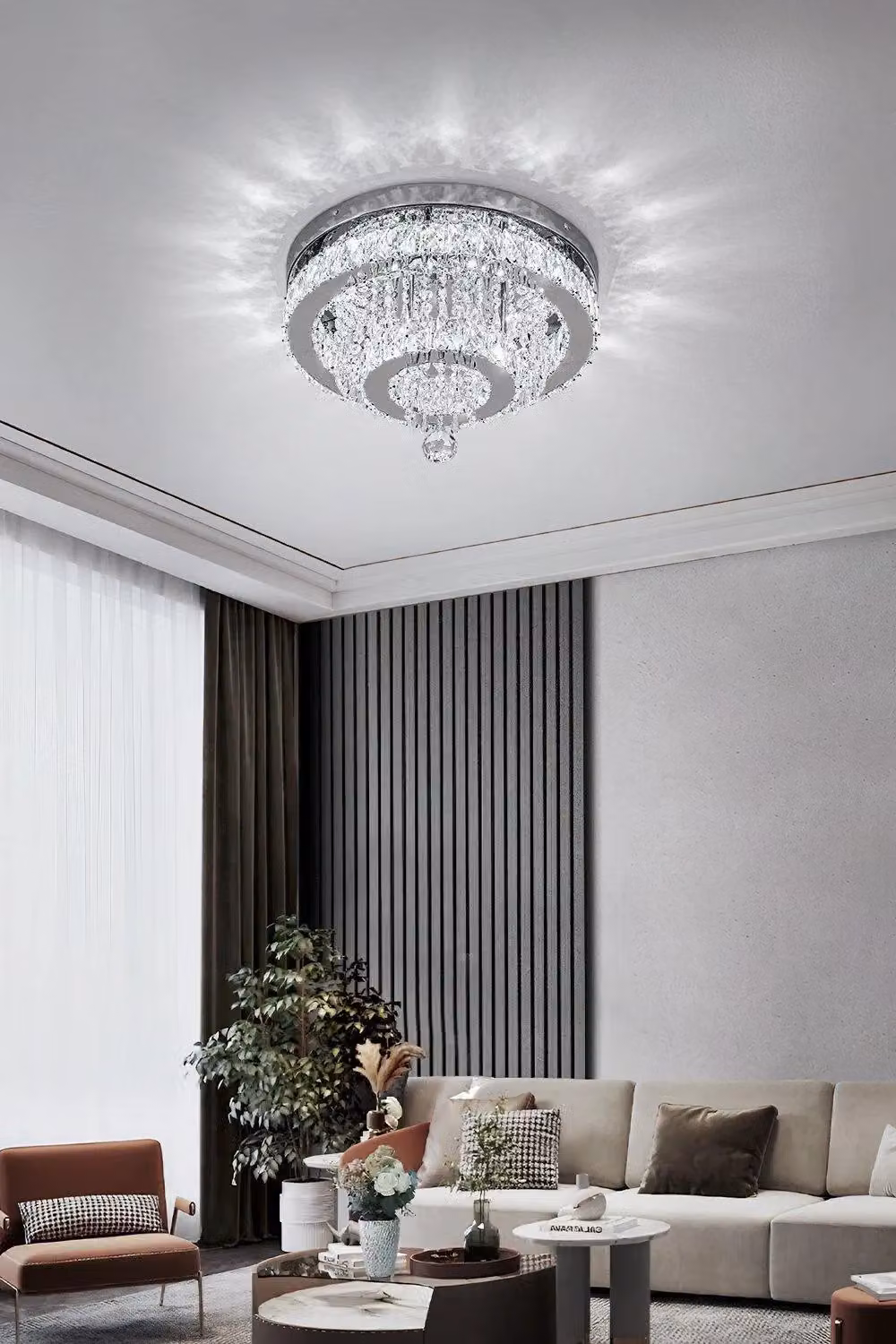 H&O Direct Elegant Double Layer Crystal Waterfall Round LED Ceiling Light in Silver – 2