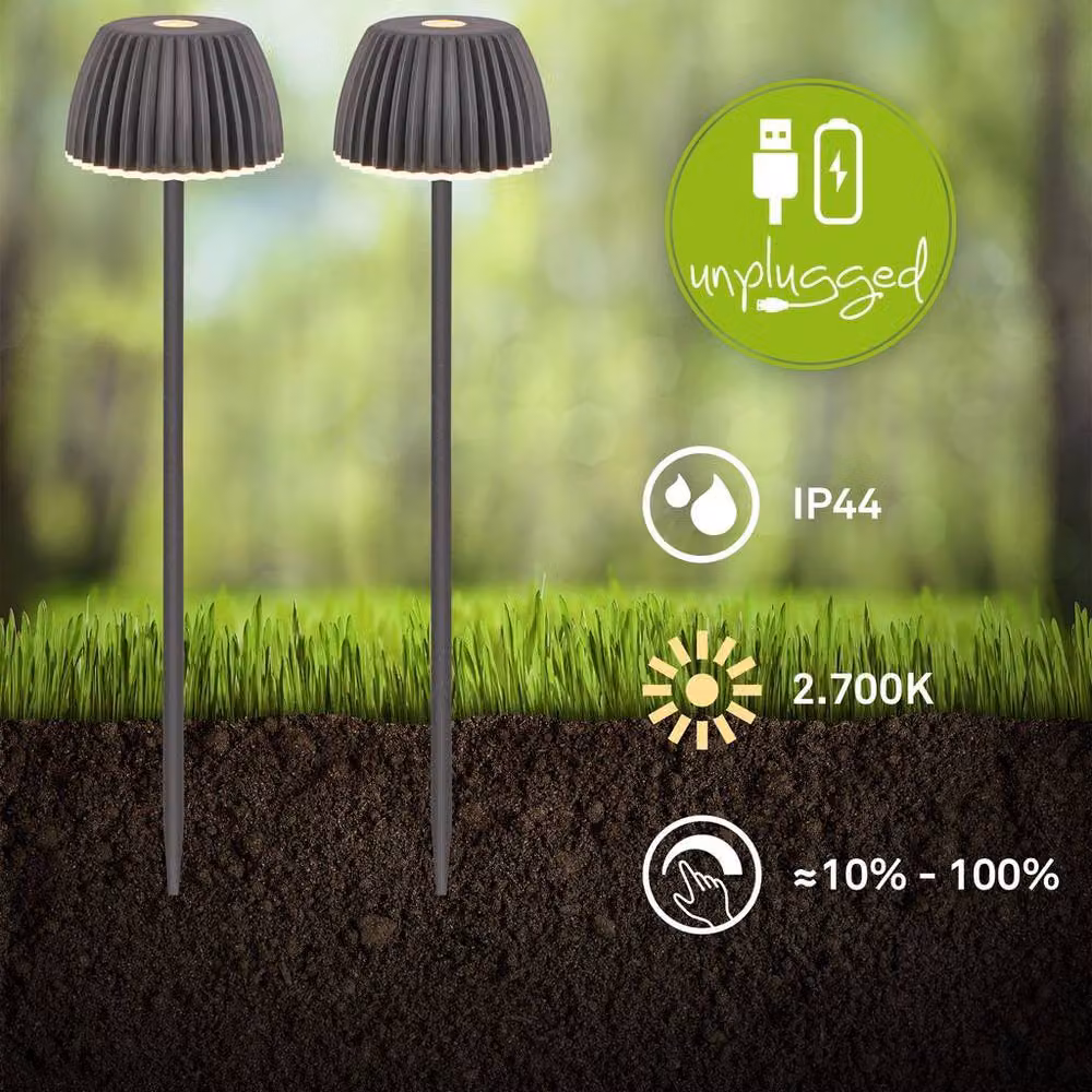 Briloner Set of 2 Rechargeable LED Garden Spike Lights in Anthracite Grey, Dimmable and Height Adjustable, Warm White – 2