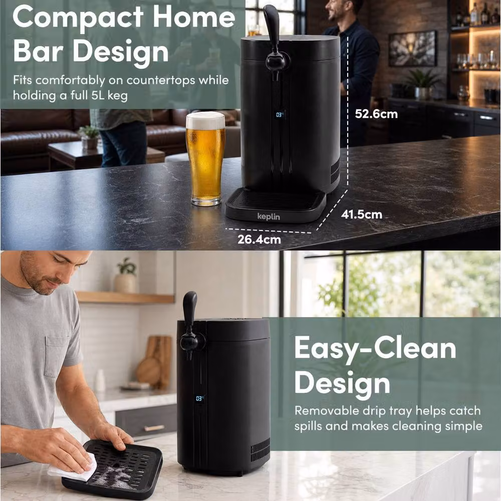 Keplin Beer Keg Dispenser with Thermoelectric Cooler and LED Temperature Display, Black, 5 l – 5