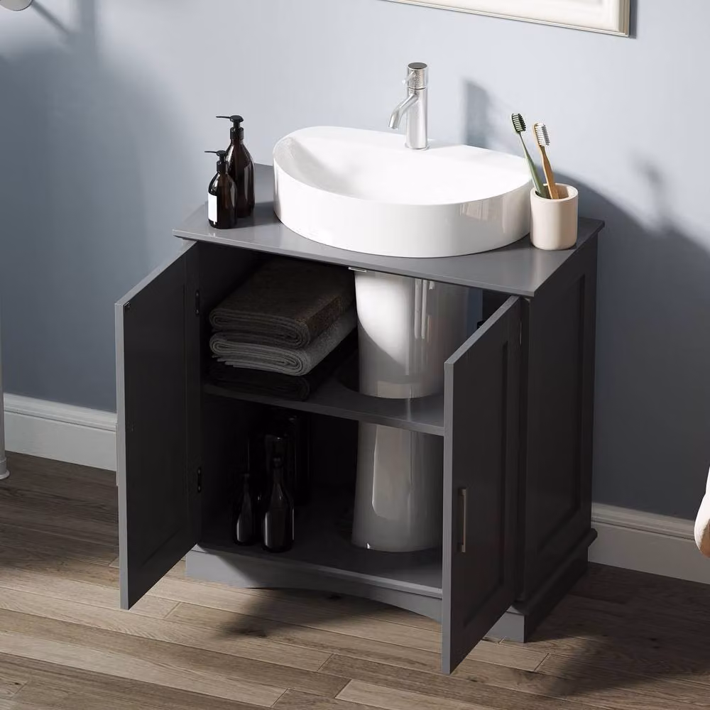 Costway Grey Modern Freestanding Pedestal Sink Bathroom Vanity Cabinet with Internal Shelves and Hinged Doors, Width: 60 cm – 4