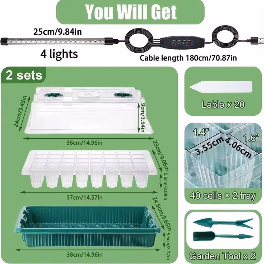 SPETLEK Green 2x 40 Cell Seed Starter Tray and Grow Light Planter Set – 2